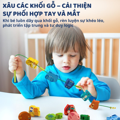 Xâu hạt cho bé, đồ chơi Montessori luồn khối gỗ phát triển tư duy trí tuệ Mideer Lacing Beads