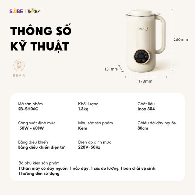 Máy làm sữa hạt Bear 0.6L SB-SH06C 0.6L (600W) - Hàng chính hãng