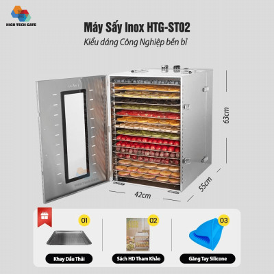 Máy Sấy Thực Phẩm Inox HTG 16 Khay 40cm Khay Inox SS304 Chống Rỉ Sét, Chống Rơi, Hàng Chính Hãng
