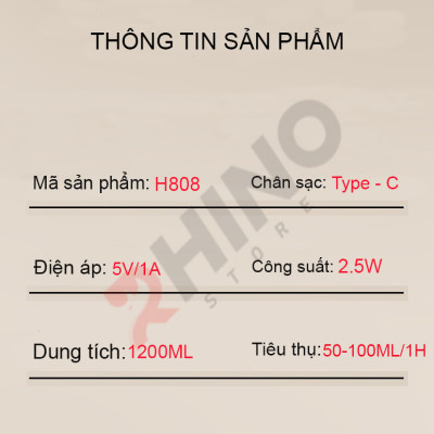 Máy phun sương tạo ẩm tinh dầu Rhino H808 1200ml, 2 lõi phun tích hợp đèn kèm quai treo - Hàng chính hãng