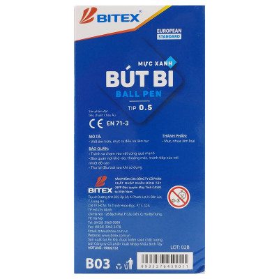 Hộp 20 Bút Bi 0.5mm Bitex B03 - Mực Xanh