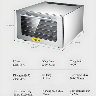 Máy sấy thực phẩm 5 tầng có bảng điều khiển hẹn giờ sấy khô tự ngắt thương hiệu Mỹ cao cấp Septree DBC-05A - Hàng Chính Hãng