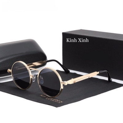 Kính râm Nam Mắt Tròn Gọng Kim Loại Lò Xo Cao Cấp + Tặng Hộp đựng, Khăn lau