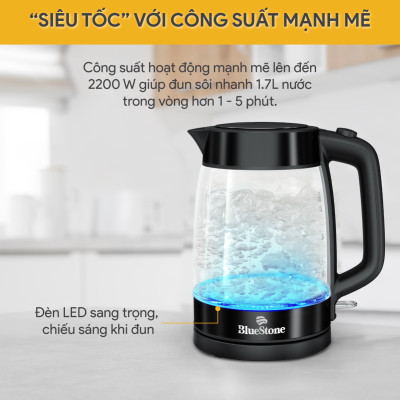 Ấm Đun Thủy Tinh BlueStone KTB-3428 - 1.7 Lít - 1850-2200W - Bộ Điều Khiển: Strix - Bảo Hành 2 Năm - Hàng Chính Hãng