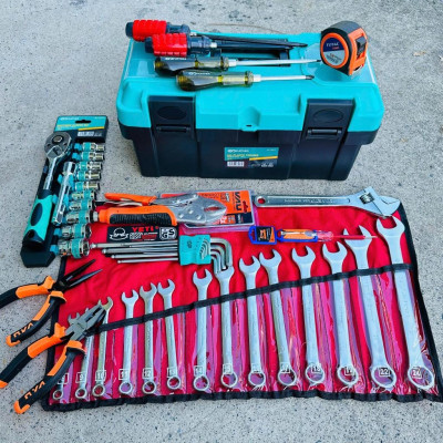 Bộ dụng cụ 46 món đồ sửa chữa xe máy, máy móc: hộp đựng đồ, cle, mỏ lết, lục giác, tuýp, tô vít.GF46