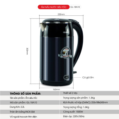 Ấm siêu tốc Gali GL-18A10 dung tích 2.2 Lít. Thiết kế 2 lớp chống nóng, giữ ấm . Hàng chính hãng, bảo hành 24 tháng