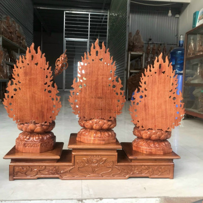 Bộ tượng phật tam thánh bằng gỗ hương đá kt cao 50×25×25cm cả lá chắn hòa quang là cao 60cm