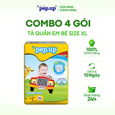 Combo 4 Gói Tã/Bỉm Quần Em Bé Pep.up Extra Dry Siêu Mềm Mại, Siêu Khô Thoáng, Kháng Khuẩn Size XL (8 Miếng/Gói)