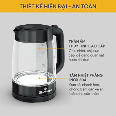 Ấm Đun Thủy Tinh BlueStone KTB-3428 - 1.7 Lít - 1850-2200W - Bộ Điều Khiển: Strix - Bảo Hành 2 Năm - Hàng Chính Hãng