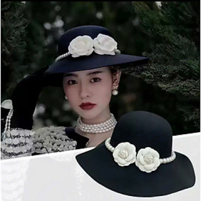 Nón mũ nỉ rộng vành Fedora kết 2 hoa voan kiếng phối đai ngọc trai nhân tạo dona25070101