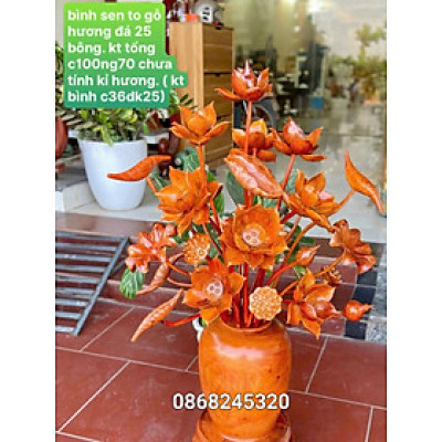 1 bình hoa sen 25 bông phong thủy trang trí phòng khách phòng thờ bằng gỗ hương đá đẹp long lanh  