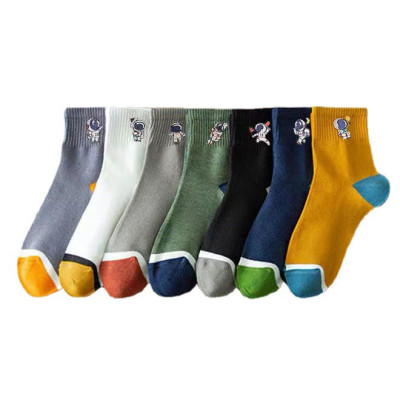 Combo 5 đôi Vớ tất nam cổ trung màu trung tính thêu phi hành gia thông hơi