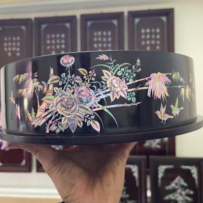 Tráp tròn gỗ trắc khảm ốc đỏ kt mặt tròn 30 cao 11.6cm 