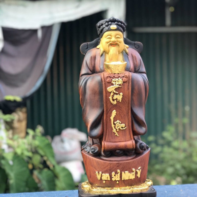 Tượng ông thần tài bằng gỗ hương đá làm mầu giả cổ kt cao 50cm