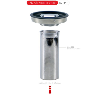 Ấm siêu tốc Gali GL-18A11 1.7L. Thân Ấm Thủy Tinh Có Lưới Lọc Pha Trà. Hàng chính hãng, bảo hành 24 tháng