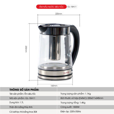 Ấm siêu tốc Gali GL-18A11 1.7L. Thân Ấm Thủy Tinh Có Lưới Lọc Pha Trà. Hàng chính hãng, bảo hành 24 tháng