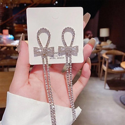 Earrings nữ đeo tai dáng dài hình nơ gắn đá sang chảnh