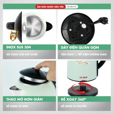 Ấm đun siêu tốc Gali GL-0017C thân ấm 2 lớp, vỏ ngoài bằng nhựa nguyên sinh chịu nhiệt tốt, hàng chính hãng 100%. Bảo hành 24 tháng.