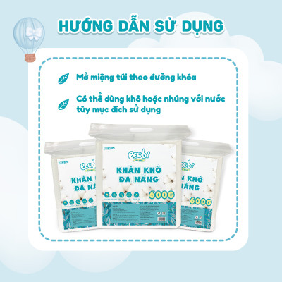 Combo 03 túi Khăn khô đa năng EcoWipes cho bé 600/900G không chất huỳnh quang không mùi không parabens
