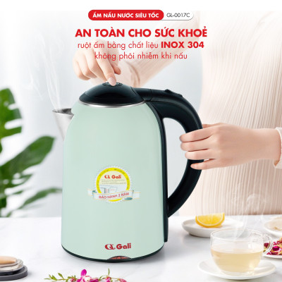 Ấm đun siêu tốc Gali GL-0017C thân ấm 2 lớp, vỏ ngoài bằng nhựa nguyên sinh chịu nhiệt tốt, hàng chính hãng 100%. Bảo hành 24 tháng.