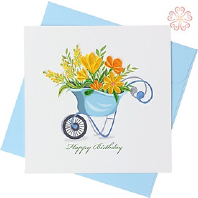 Thiệp giấy xoắn mừng sinh nhật - xe cút kít chở hoa - size 15x15cm