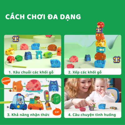 Xâu hạt cho bé, đồ chơi Montessori luồn khối gỗ phát triển tư duy trí tuệ Mideer Lacing Beads
