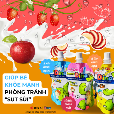 Combo 3 Túi Nước Dino LongDino/StrongDino Dành Cho Trẻ Em (3 Vị Sữa x Dâu x Táo)