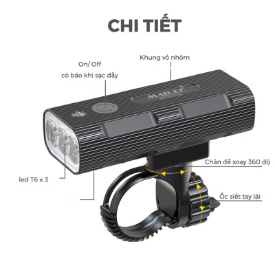 Đèn Trước Xe Đạp Chiếu Sáng Cao Cấp Chống Nước P-023 dung lượng 5200mAh Gắn tay lái, sạc Type-C, sáng max 10h, Có Hỗ trợ Sạc Khẩn Cấp - Mai Lee