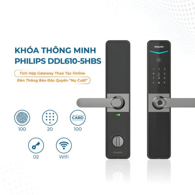 Bộ khóa cửa thông minh Gateway điều khiển từ xa, vân tay, thẻ từ, mật khẩu và chìa cơ Philips DDL610-5HBS - Hàng nhập khẩu