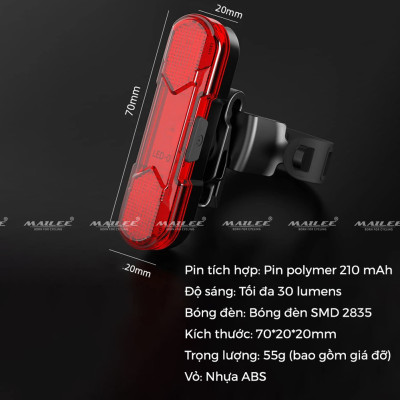 Đèn Hậu Xe Đạp USB LED AS-1010 pin sử dụng 4-8h dung lượng 210mAh, Chống Nước Đi Đêm Địa Hình Cảnh Báo Phụ Kiện- Mai Lee