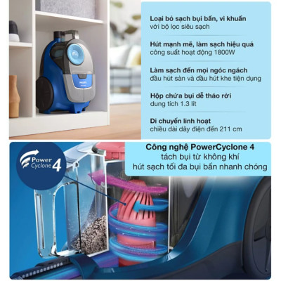 [BẢO HÀNH 2 NĂM] Máy hút bụi không túi Serial 2000, Thương hiệu Hà Lan cao cấp Philips XB2022/81, Bộ lọc Super Clean Air, Động cơ bền bỉ 1500W - Hàng Nhập Khẩu