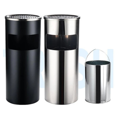 Thùng Rác Inox Có Gạt Tàn Hình Trụ Tròn Bên Trên Có Gạt Tàn Bên Trong Có Thùng Đựng Rác Bằng Tôn Hoa GEV35A