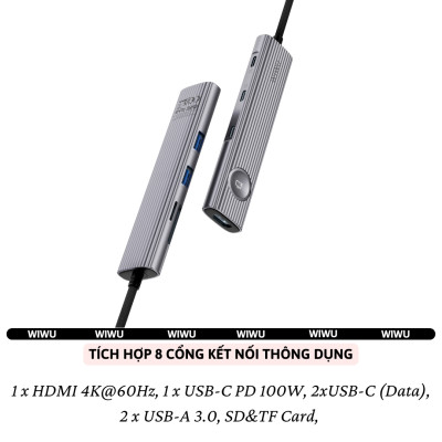 Hub chuyển đổi chia cổng USB-C 8in1 sạc nhanh 100W trang bị 2 USB 3.0 + 3 PD Type-C + Micro SD SD + HDMI 4K@60Hz hiệu WIWU Travel cho Macbook Laptop cho iPhone - Hợp kim nhôm, đa năng để vừa sạc vừa xuất màn hình và truyền dữ liệu  - Hàng nhập khẩu