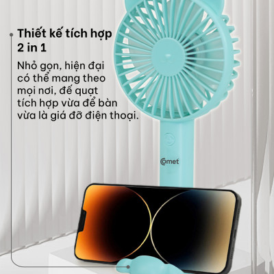 Quạt Sạc Cầm Tay COMET CRF1104 Công Suất 3W, Pin 1200mAh, Có Đế Rời, Kích Thước Nhỏ Gọn hàng chính hãng