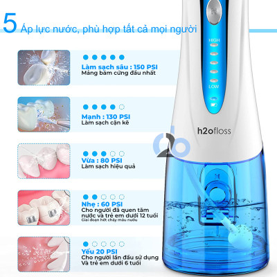 Tăm nước cầm tay H2ofloss HF-2 phiên bản nâng cấp được phân phối độc quyền với nút mở bình nước tiện lợi, tặng kèm 7 đầu tăm, củ sạc nguồn thấp