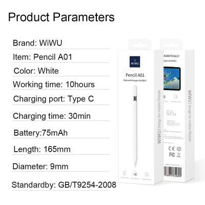 Bút cảm ứng cảm biến nghiêng chống tì tay sạc nam châm WIWU Stylus A01 cho iPad Pro Air Mini đời 2018 gen 7/8/9 , gen 10 , ipad Pro M1 , M2 ipad pro M4 , Air 6 M2 , iPad Pro 13 inch - Hàng chính hãng