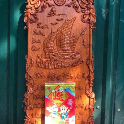 Đốc lịch treo tường trạm khắc tích thuận buồm xuôi gió bằng gỗ hương đá đẹp long lanh kt 40×80×3cm