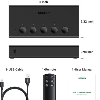 Ugreen UG90512CM568TK 4K60Hz Bộ gộp HDMI 2.0 5 vào 1 ra kèm cáp cấp nguồn USB-C dài 1M + remote - HÀNG CHÍNH HÃNG