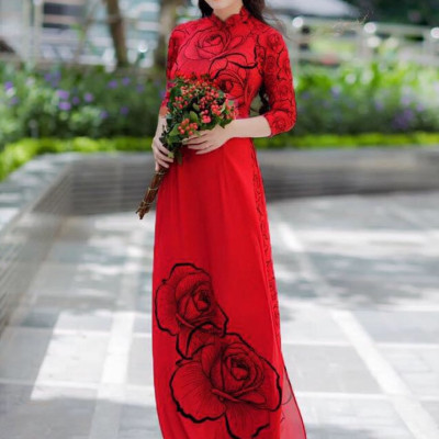 SET ÁO DÀI TRUYỀN THỐNG HỌA TIẾT HOA HỒNG - NN26