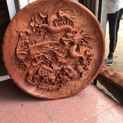 Đĩa trang trí phong thủy trạm khắc tứ linh bằng gỗ hương đá mặt rộng 40×4cm
