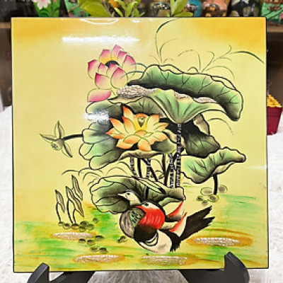 Tranh sơn mài - HOA SEN, HOA CÚC - Vuông thích hợp trang trí, làm quà tặng ý nghĩa