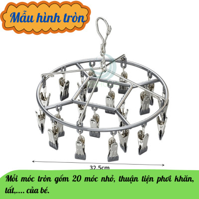 Móc phơi quần áo inox 360 độ Giàn phơi đồ đa năng inox cao cấp Móc treo đồ nhỏ có kẹp inox tiện lợi Giá treo phơi tất, đồ lót, khăn tay bằng inox Móc phơi 20-28 kẹp inox xoay tròn/ chữ nhật Móc phơi inox tiết kiệm không gian