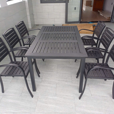 Bộ bàn ăn giả gỗ ngoài trời màu nâu Nội thất Capta SL TE2034-160A / CC2028-A Bộ bàn ăn 6 ghế outdoor cho sân vườn, sân thượng