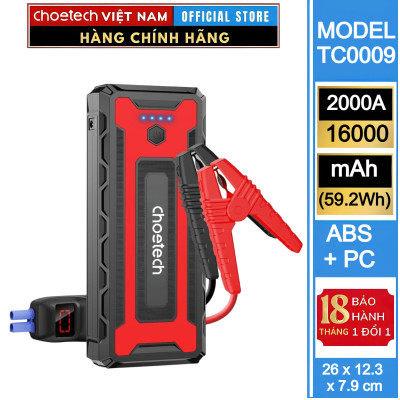 Bộ kích nguồn tô tô Choetech TC0009 2000A sạc pin cầm tay dung lượng 16000mAh tích hợp đèn Led 3 chế độ (Hàng chính hãng)