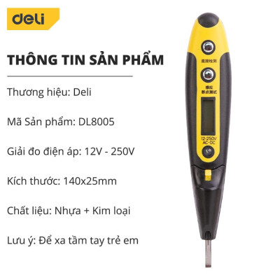 Bút Thử Điện Hàng Nhập khẩu  Deli 12-250V - Màn Hình LED Kỹ Thuật Số Hiển Thị  Thuận Tiện