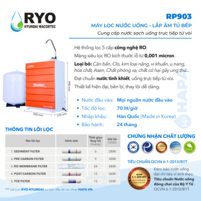 Máy Lọc Nước RYO Hyundai RP903 Chuẩn Nước Uống Trực Tiếp, Công Nghệ RO 5 Cấp Lọc - Hàng Chính Hãng, Nhập Khẩu Hàn Quốc