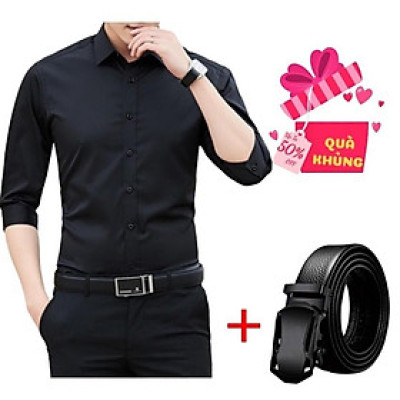 Combo Áo Sơ Mi Nam Dài Tay Tặng Thắt Lưng Đen Thời Trang Áo Thun Nam Poniva Chất Kate Mềm Và Thoáng Mát
