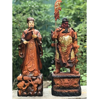Bộ đôi văn võ song toàn không minh (gia cát lượng ) và quan công  bằng gỗ hương kt cao 60cm