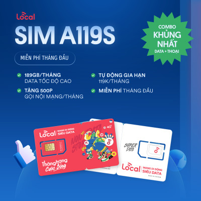 Sim Local Mobifone A119S DATA 180GB/ tháng, 500P Gọi FREE. Miễn phí tháng đầu sử dụng, RẺ 1 TT, Sim chưa kích hoạt, Hàng chính hãng