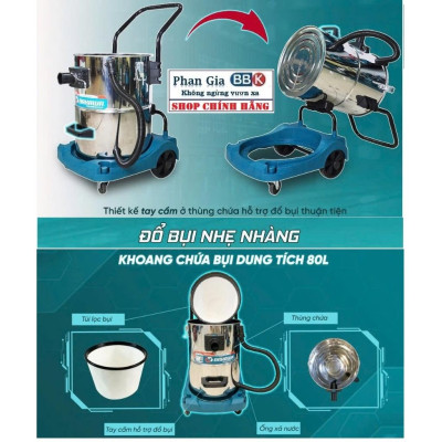[chính hãƞg] Máy Hút Bụi Công Nghiệp Nakawa 80L - Hút Khô Ướt, Thổi Bụi - Dây Đồng 100% (Bảo hành 1 năm)